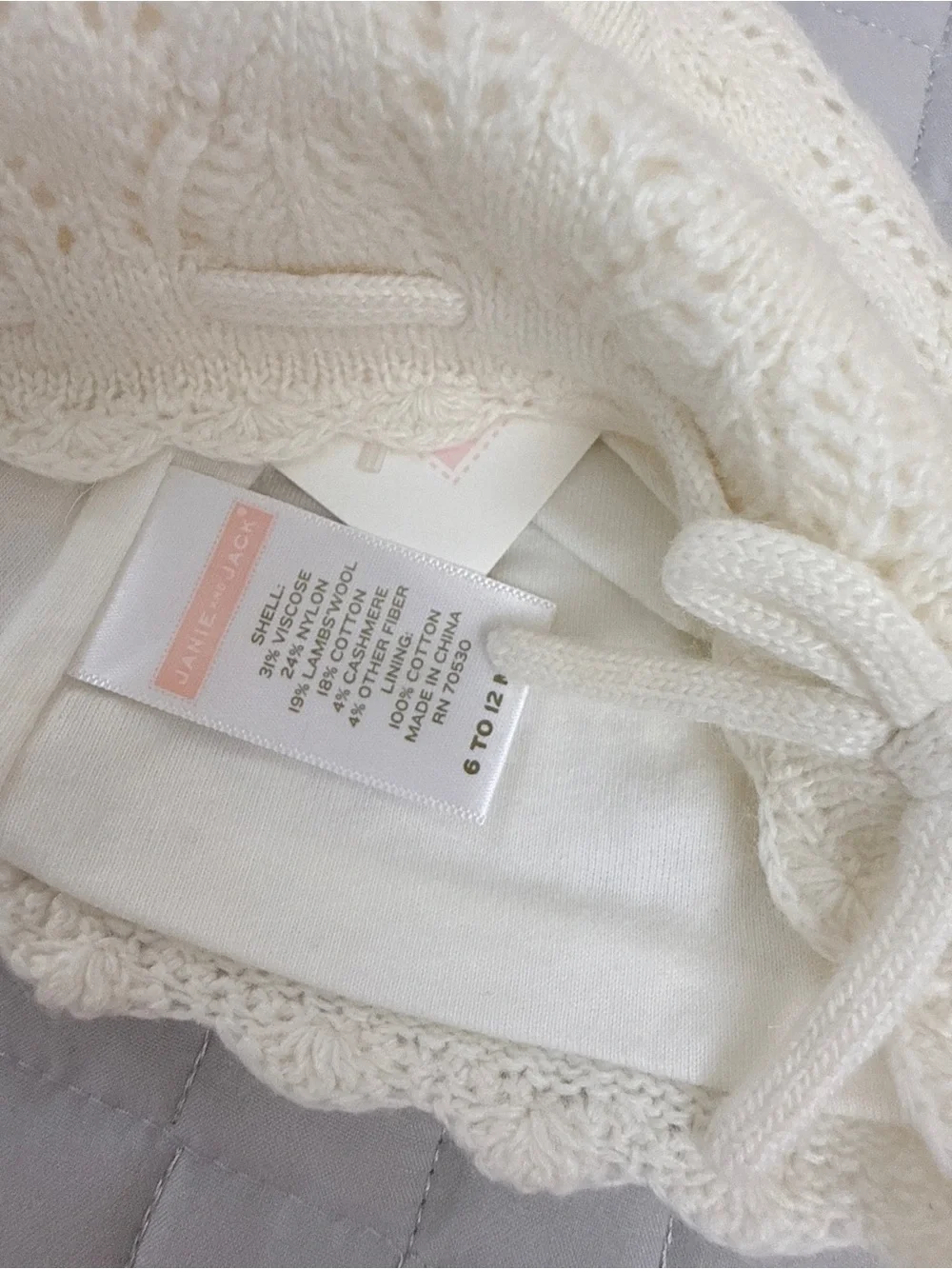 Janie and Jack Cream Knit Lace Beanie with Bow 6-12 months